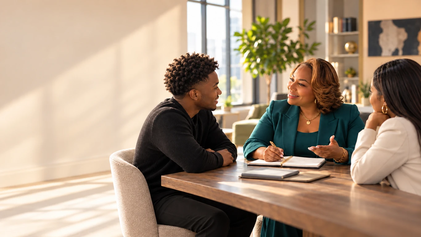 Three professionals discussing ideas around a table, with an open notebook in a sunlit office