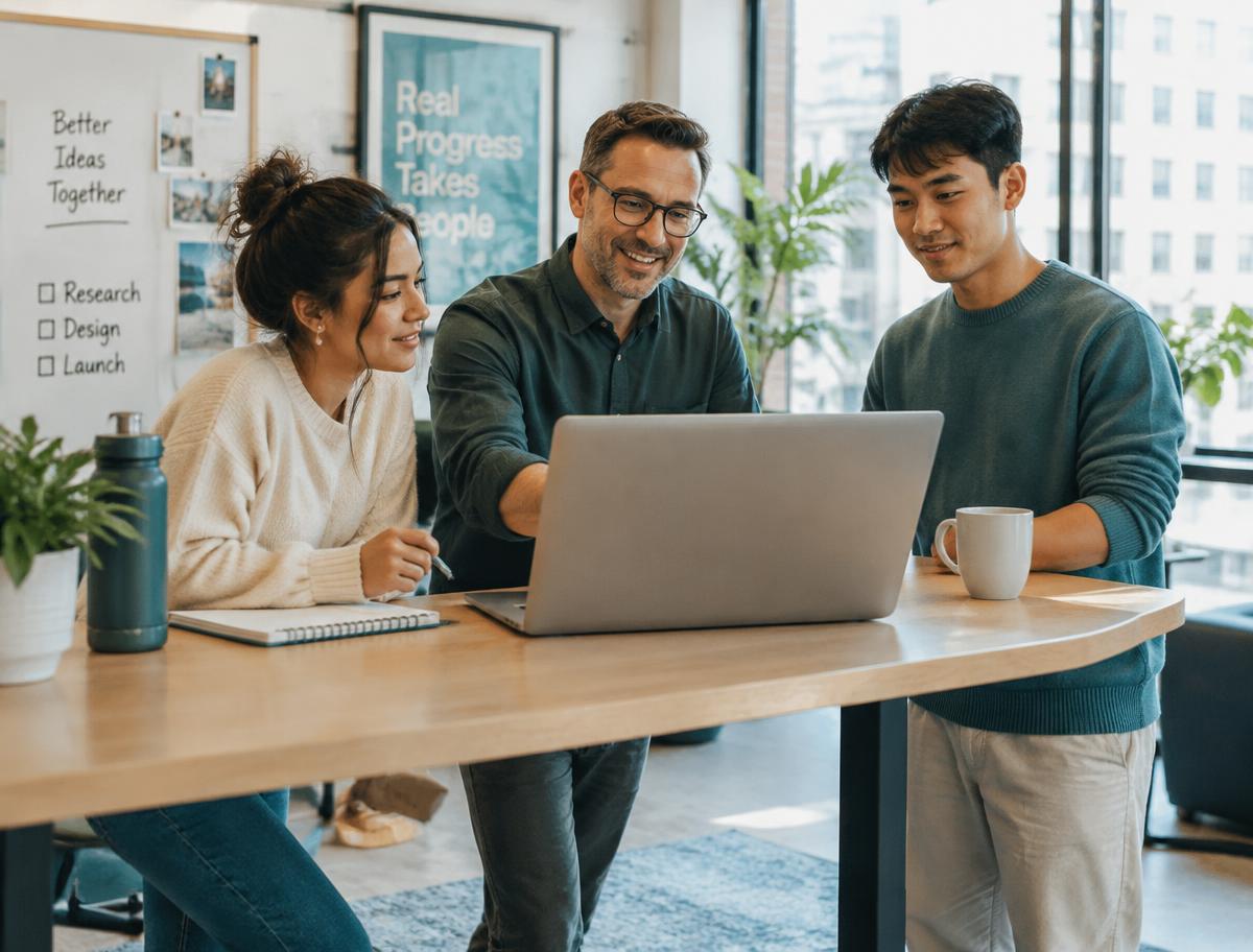 Manager collaborating with two early-career team members